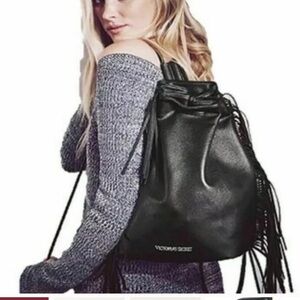 Victoria’s Secret Black Vegan Leather Fringe Drawstring Backpack